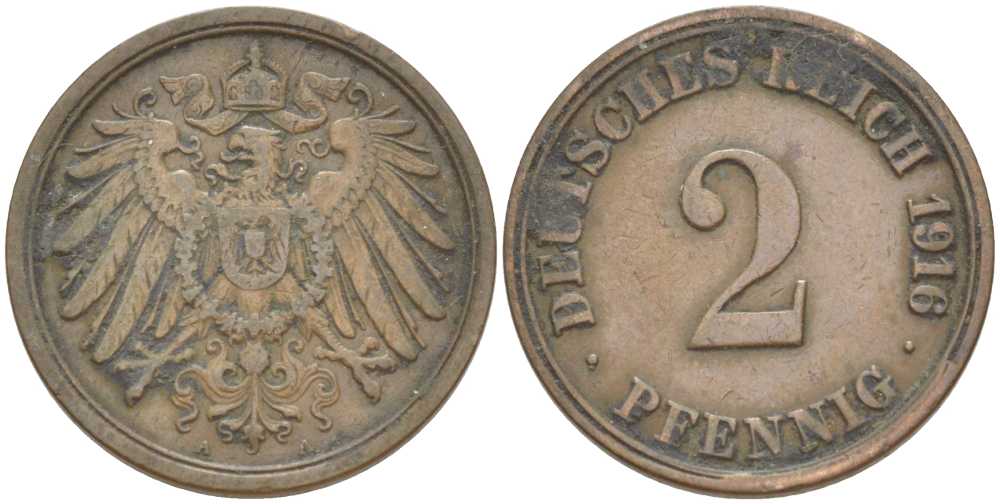 Германия 2 пфеннига 1916 A KM 16, J. 11, Weege 4 медь 212-427