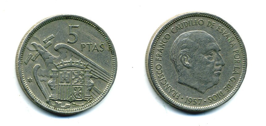 ИСПАНИЯ 5 ПЕСЕТ 1957 (68) ФРАНСИСКО ФРАНКО ДИКТАТОР ИСПАНИИ (1939-1975) KM 786 медно-никель 53-1233