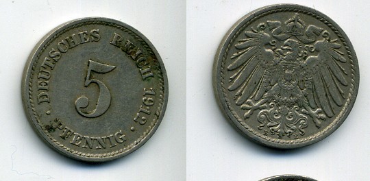 ГЕРМАНИЯ 5 ПФЕННИГОВ 1912 E, KM 11, J. 12 медно-никель 29-1114