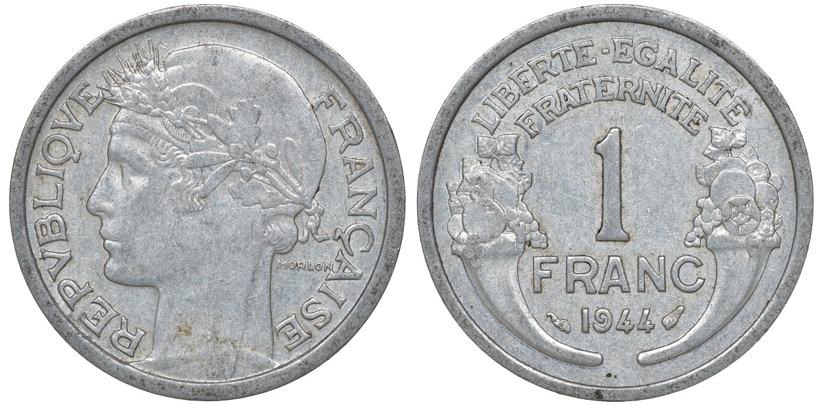 Франция 1 франк 1944 KM 885a.1 алюминий 4163-432