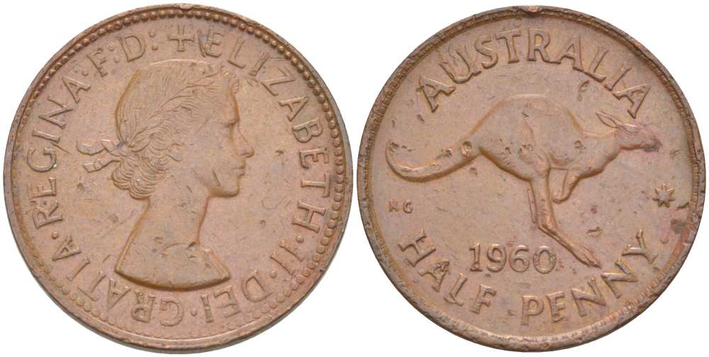 Австралия 1/2 пенни 1960 p, Елизавета II (1953- ), кенгуру KM 61 бронза 4514-837