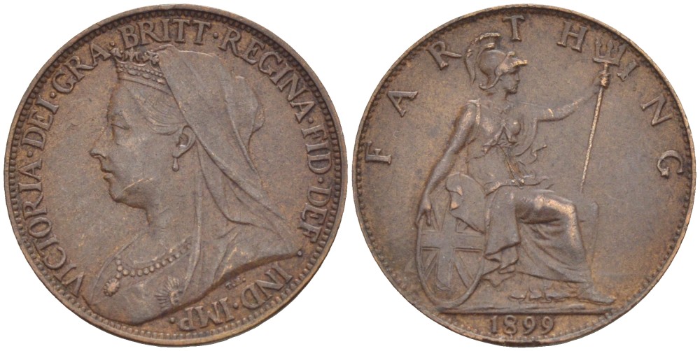 Великобритания 1 фартинг 1899 Виктория (1837-1901) KM 788.2, Spink 3964 бронза 4543-941
