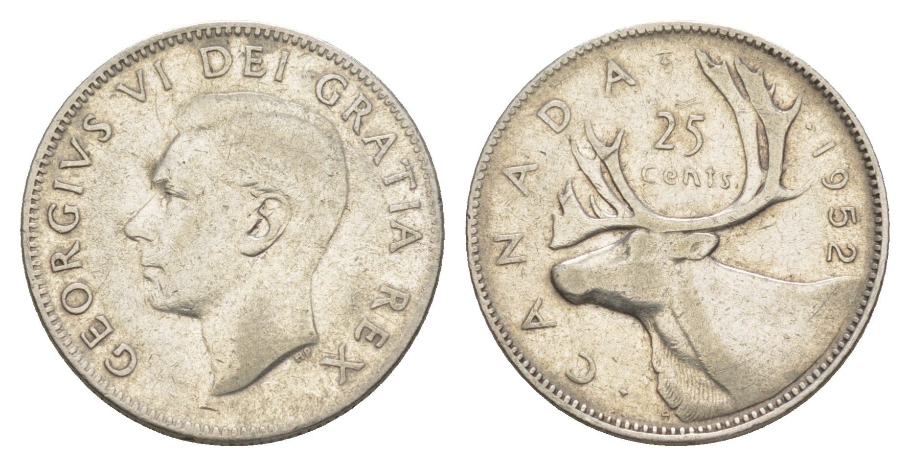 Канада 25 центов 1952 Георг VI (1936-1952), олень KM 44 серебро 4631-856