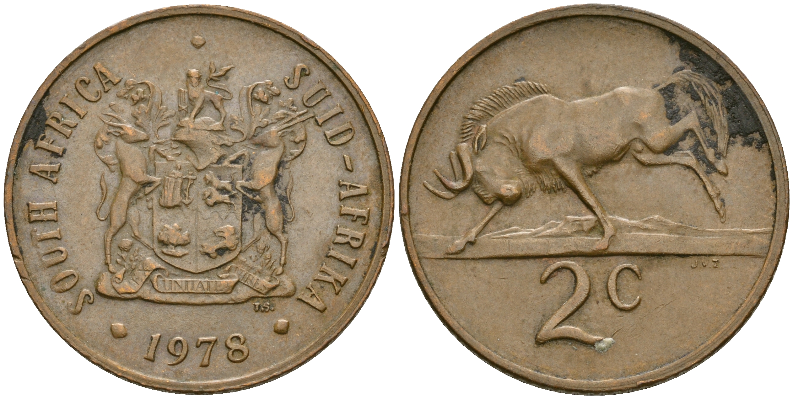 ЮАР 2 цента 1978 герб, антилопа гну KM 83 бронза 4364-2843