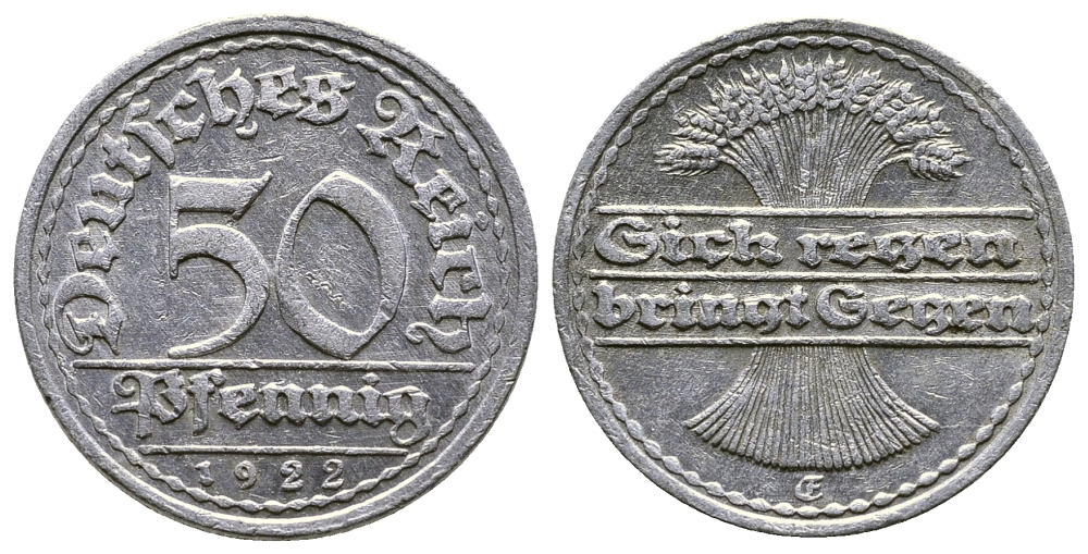 ГЕРМАНИЯ 50 ПФЕННИГОВ 1922 FG KM 27, J. 301, Weege 10 алюминий 4380-923