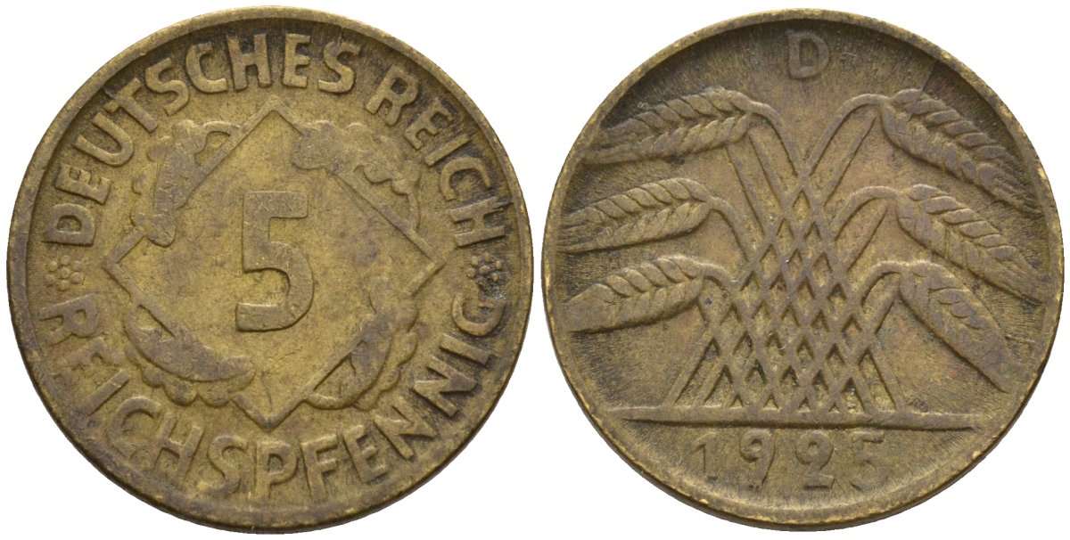 Германия 5 рейхспфеннигов 1925 D KM 39, J. 316 алюминиевая бронза 4151-721