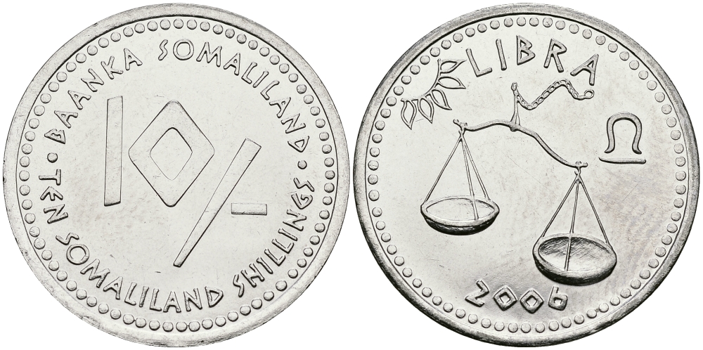 Сомалиленд 10 шиллингов 2006 СЕРИЯ ЗНАКИ ЗОДИАКА, ВЕСЫ KM NEW никелированная сталь UNC 540-832
