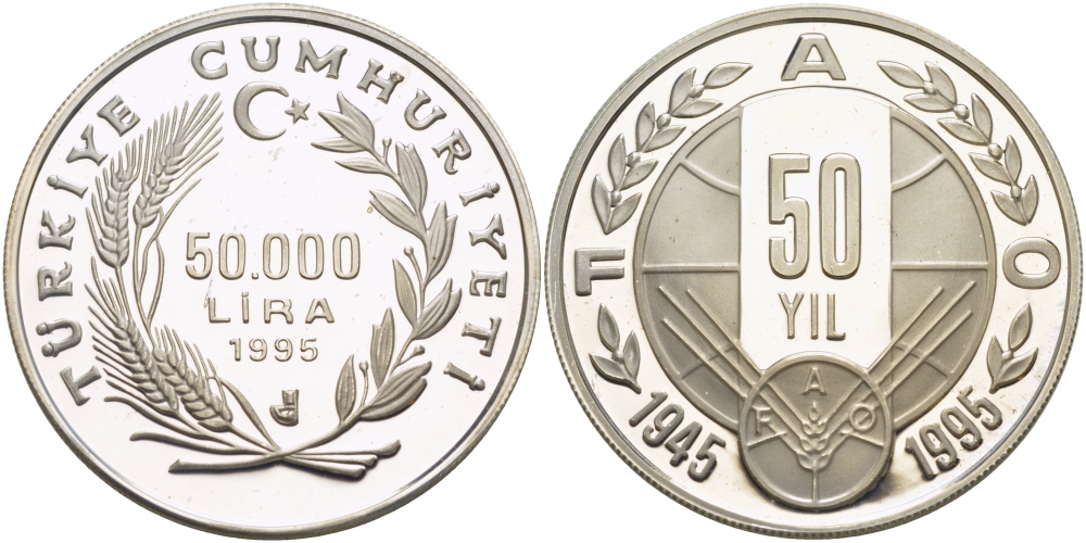 Турция 50000 лир 1995 50 лет FAO, тираж 3798 экземпляров KM 1040 серебро PROOF 02-262-42