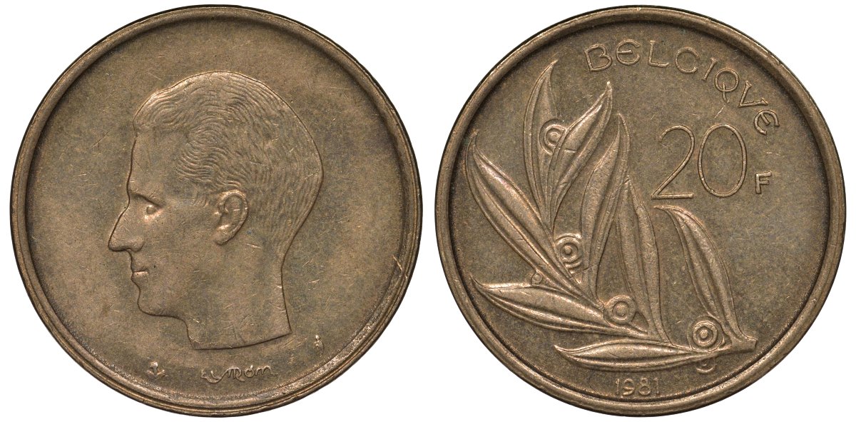 Бельгия 20 франков 1981 Belgique, Бодуэн I (1951-1993) KM 159 никель бронза 4123-1223