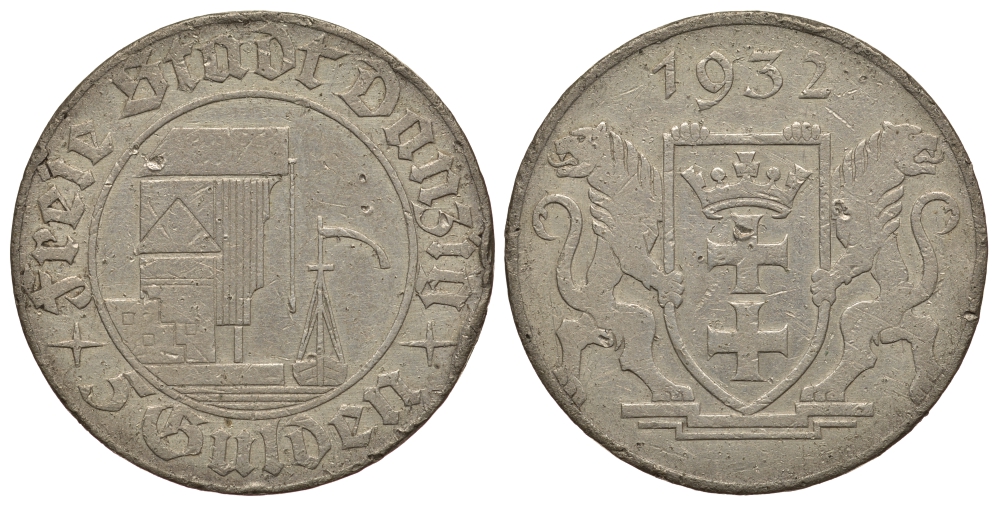 Данциг 5 гульденов 1932 портовый кран, редкая J.D18 серебро, цена по каталогу МТ 825 евро 10-016-34