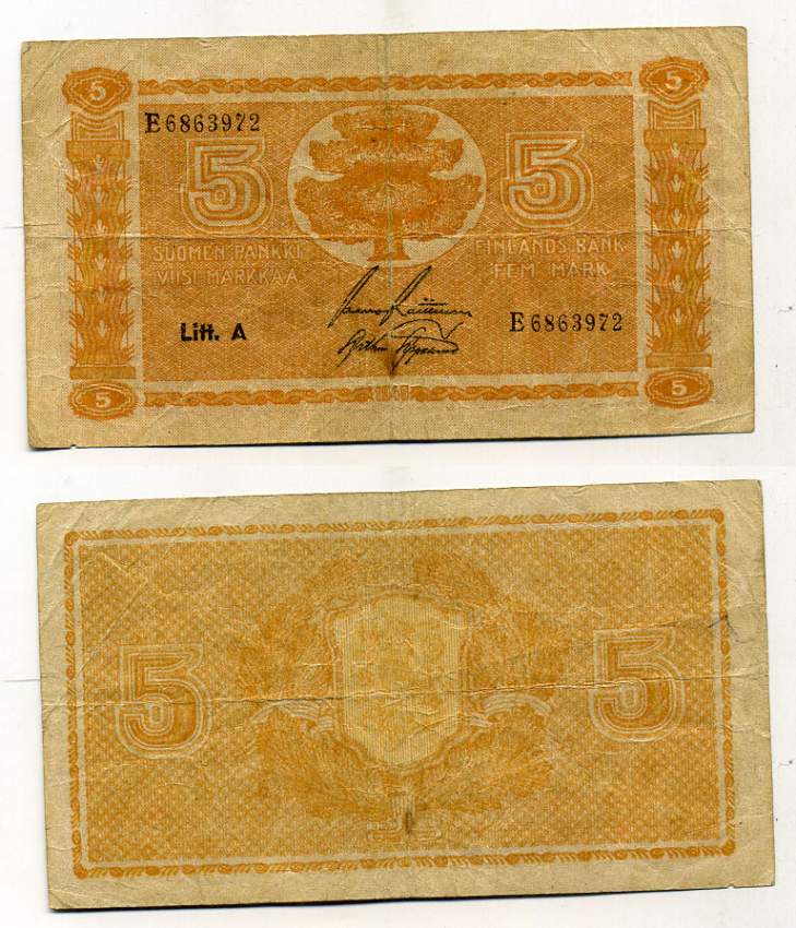 Финляндия 5 марок 1945 буква "А" Pick 76 a(6) бумага 450-51-1