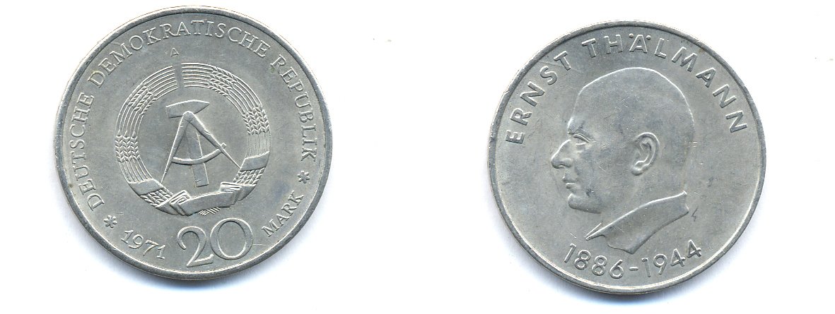 ГДР 20 марок 1971 A, 85 лет со дня рождения Эрнста Тельмана KM 34, J. 1535 медно-никель 3333-631