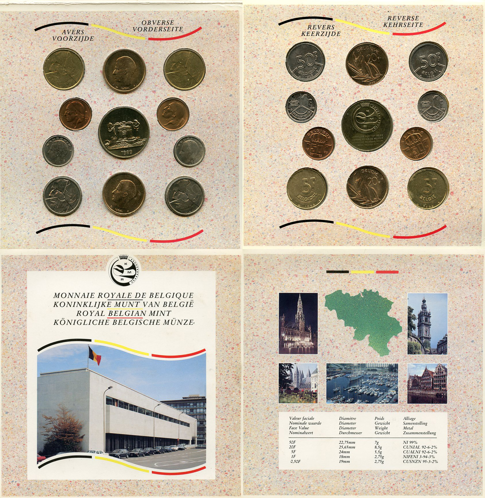 Бельгия набор из 10 монет + жетон монетного двора 1989 Belgie-Belgique, королевский монетный двор Бельгии, в оригинальном буклете KM MS 1   UNC  1181-1-06