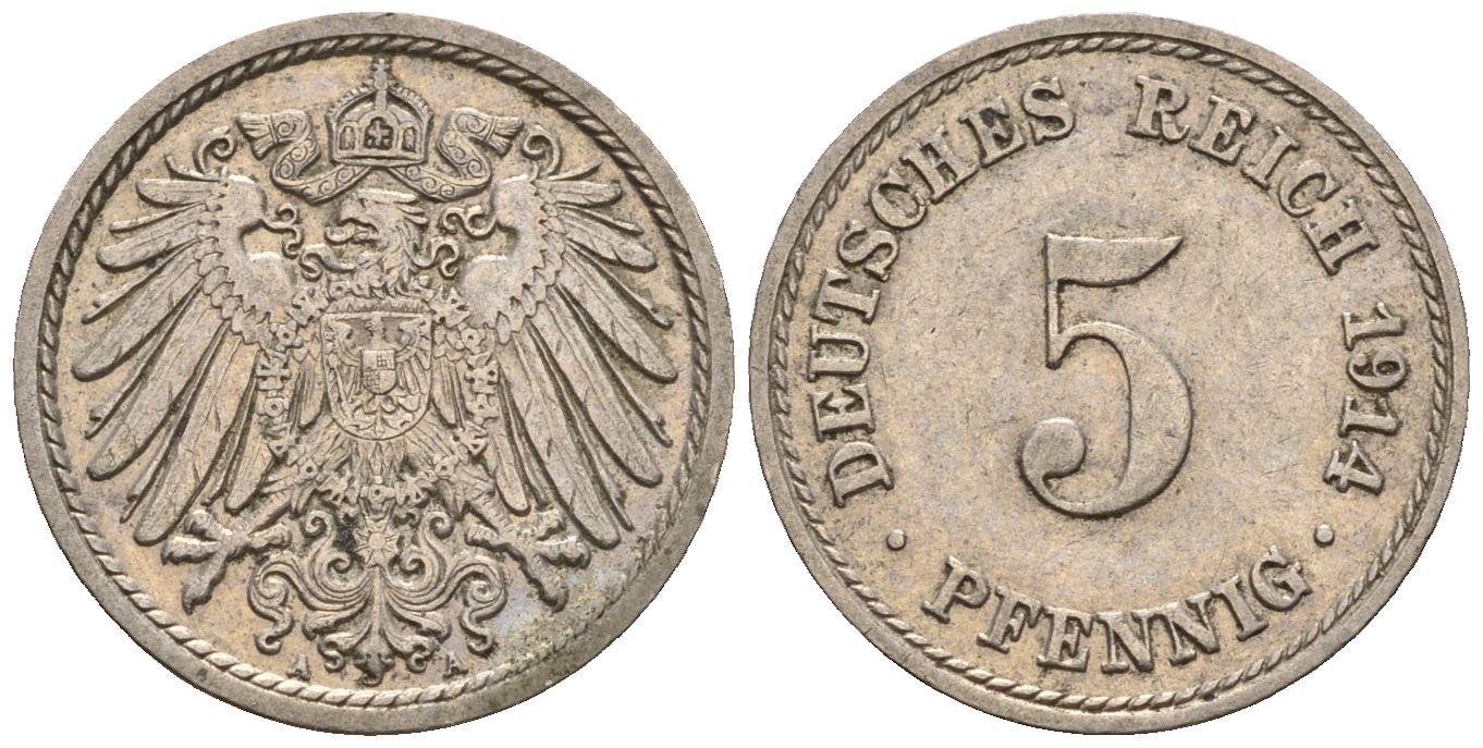 Германия 5 пфеннигов 1914 A, KM 11, J. 12 медно-никель 220-734