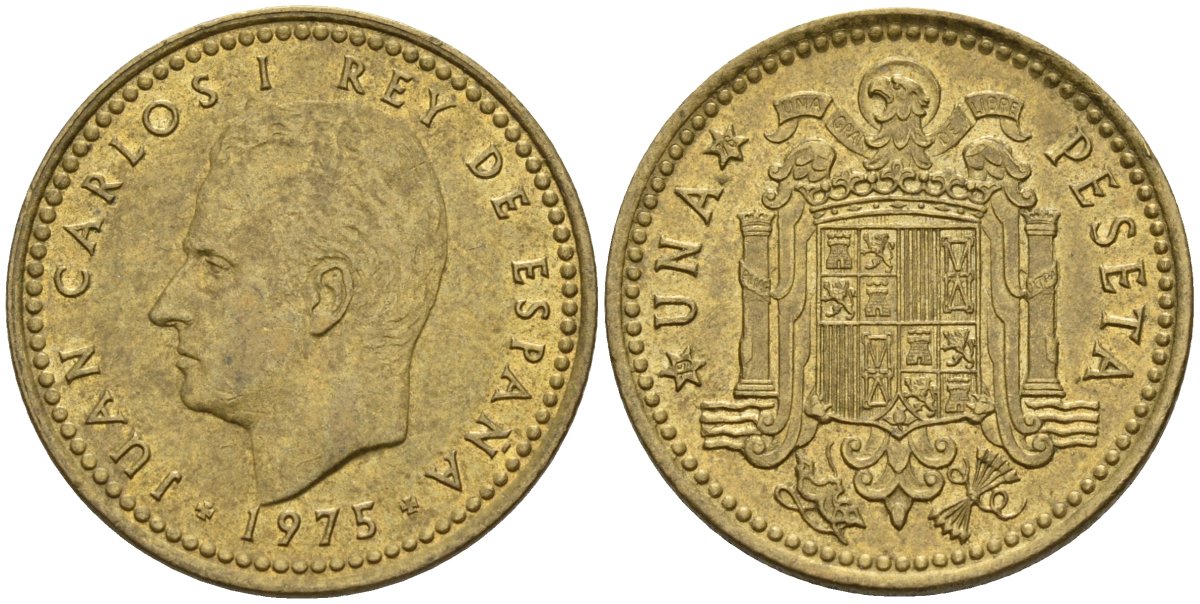 Испания 1 песета 1975 (76) Хуан Карлос I (1975-2001) KM 806 алюминиевая бронза 4155-425