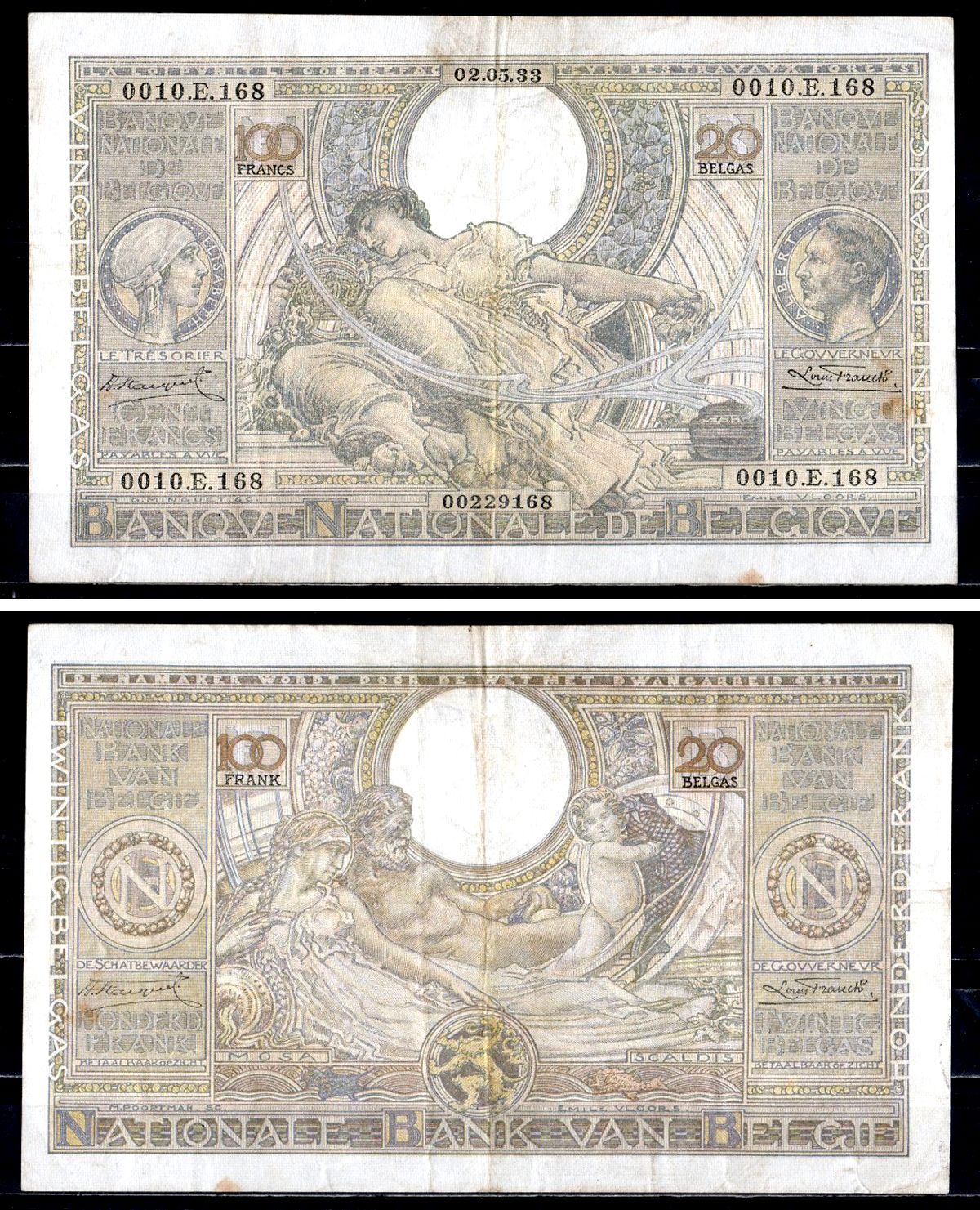 Бельгия 100 франков 1933 Королева Елизавета, король Альберт, аллегорическая женщина ("Сельское хозяйство") Аллегорические фигуры - реки Мозель (Mosa) и Шельда (Scaldis) Pick 107 бумага 6312-68-2-1