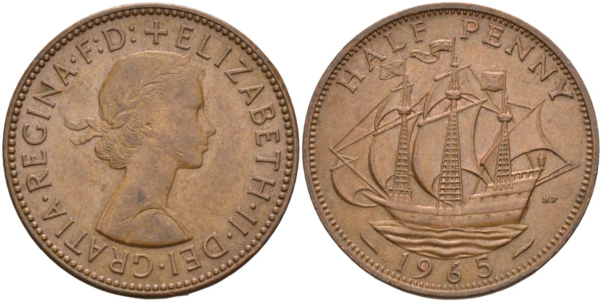 Великобритания 1/2 пенни 1965 Елизавета II (1952-2022) KM 896, Spink 4158 бронза 4126-812