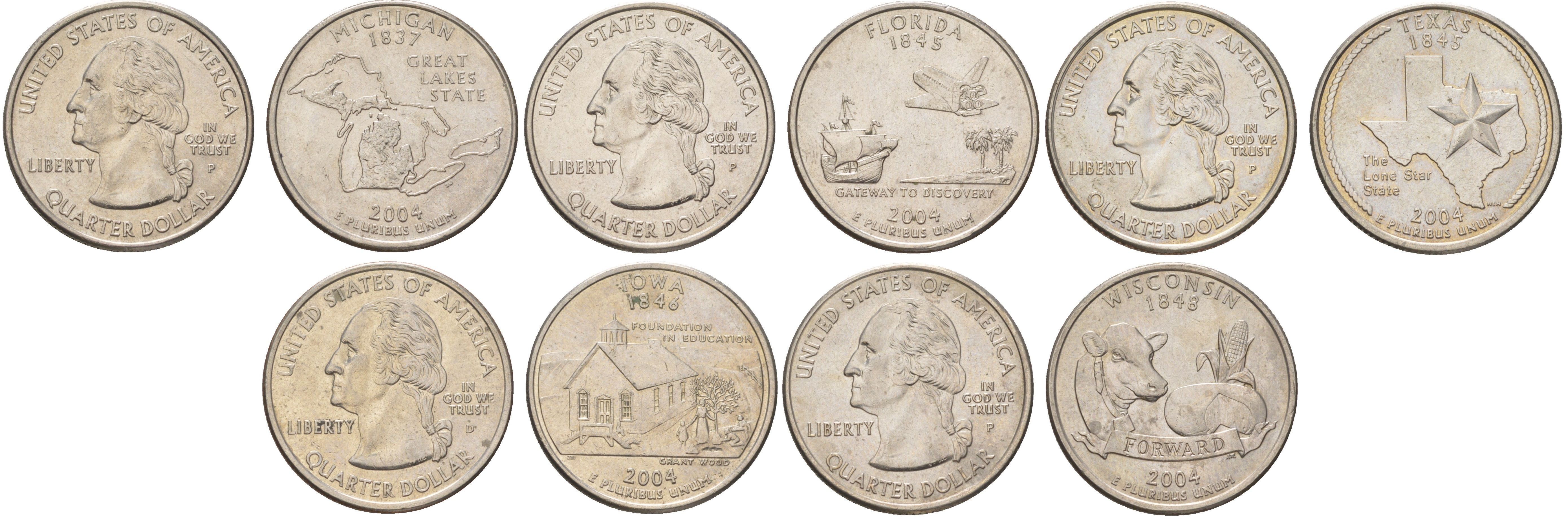 США годовой набор из 5 монет (25 центов, квотер, 1/4 доллара) серии квотеры 50 штатов 2004 Квотер штата Мичиган, Флорида, Техас, Айова и Висконсин KM 355, 356, 357, 358 и 359 медь плакированный медно-никелем UNC 4628-1241-1245