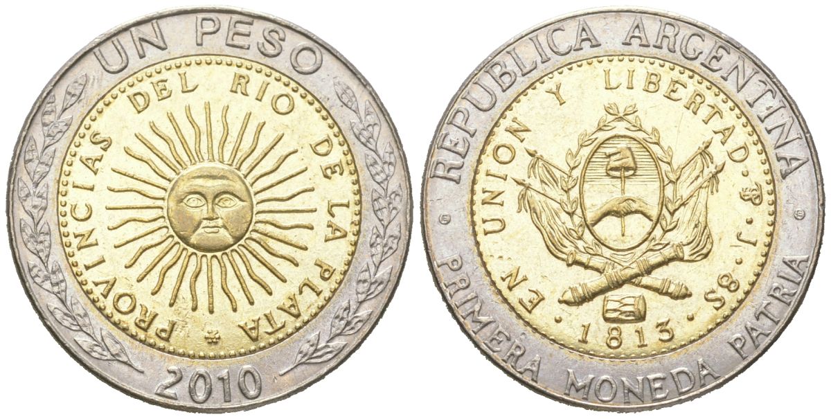 Аргентина 1 песо 2010 E, майское солнце, 8 эскудо 1813 KM 112.1, CJ 6.17, Schon?113 биметалл UNC 4364-3535