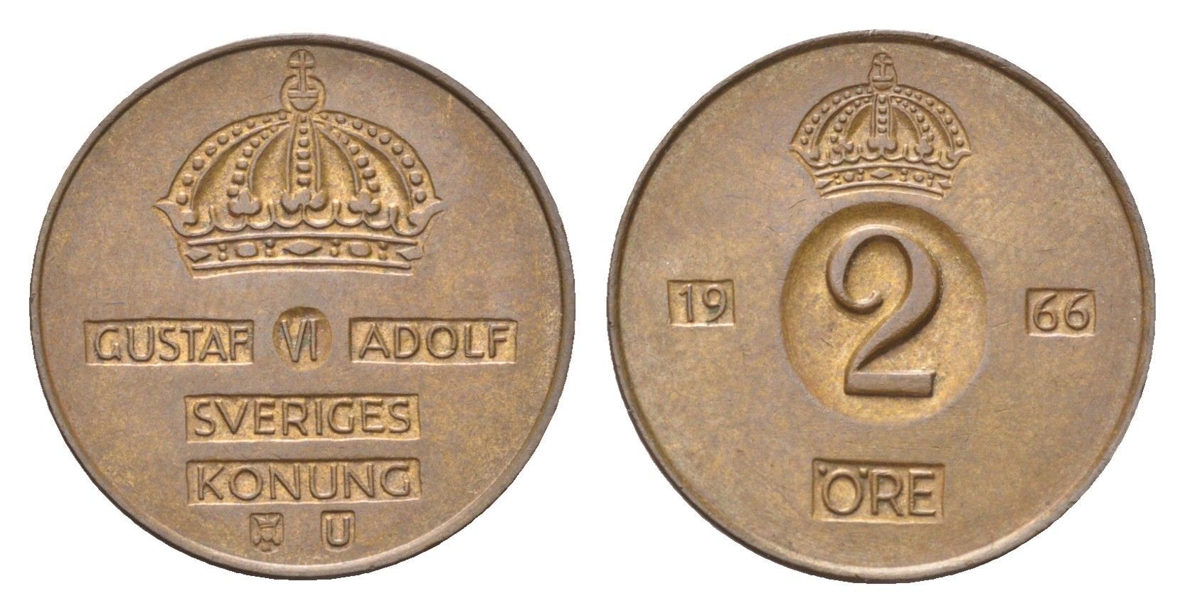 Швеция 2 эре 1966 TS Густав VI Адольф (1950-1973) KM 821 бронза 4705-917