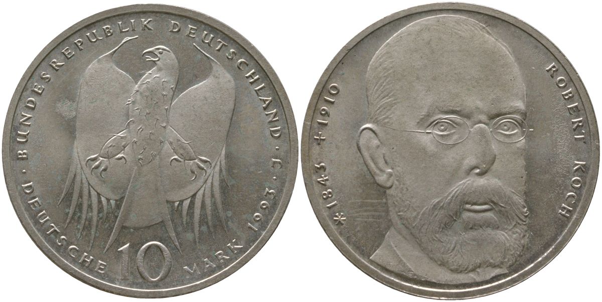 ФРГ 10 марок 1993 J, 150 лет со дня рождения Роберта Коха KM 181 серебро PROOF 00-00