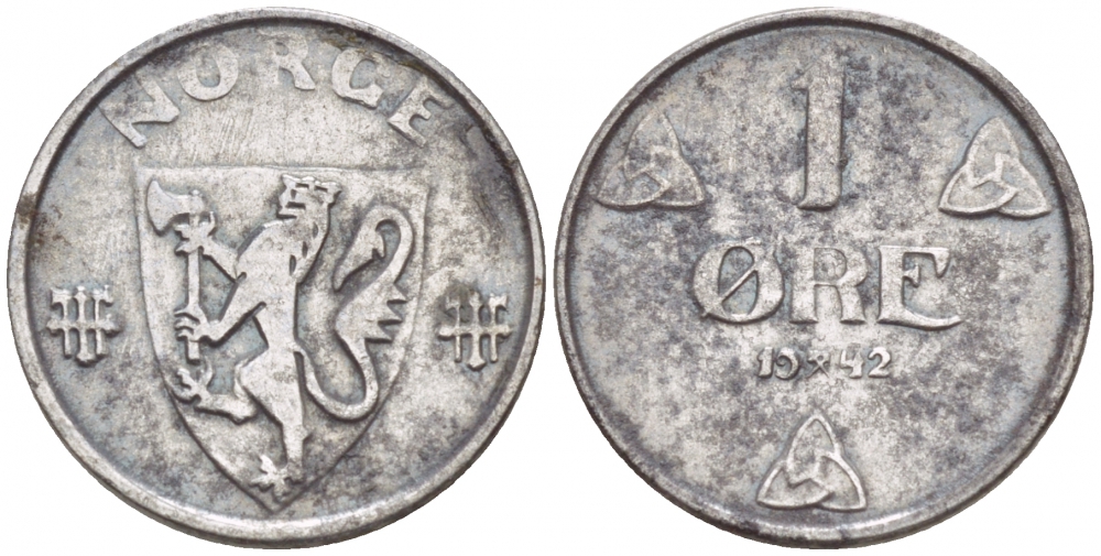НОРВЕГИЯ 1 ЭРЕ 1942 ХОКОН VII (1905-1957) KM 387 железо 4547-1037
