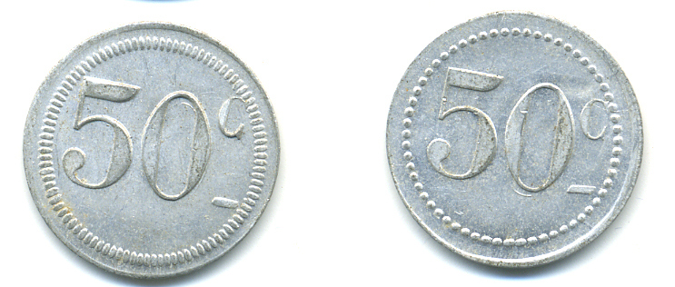 ФРАНЦИЯ 50 САНТИМОВ НАЧАЛО XX ВЕКА d 24 мм, вес около 1,0 гр., платежный жетон алюминий 89-1011