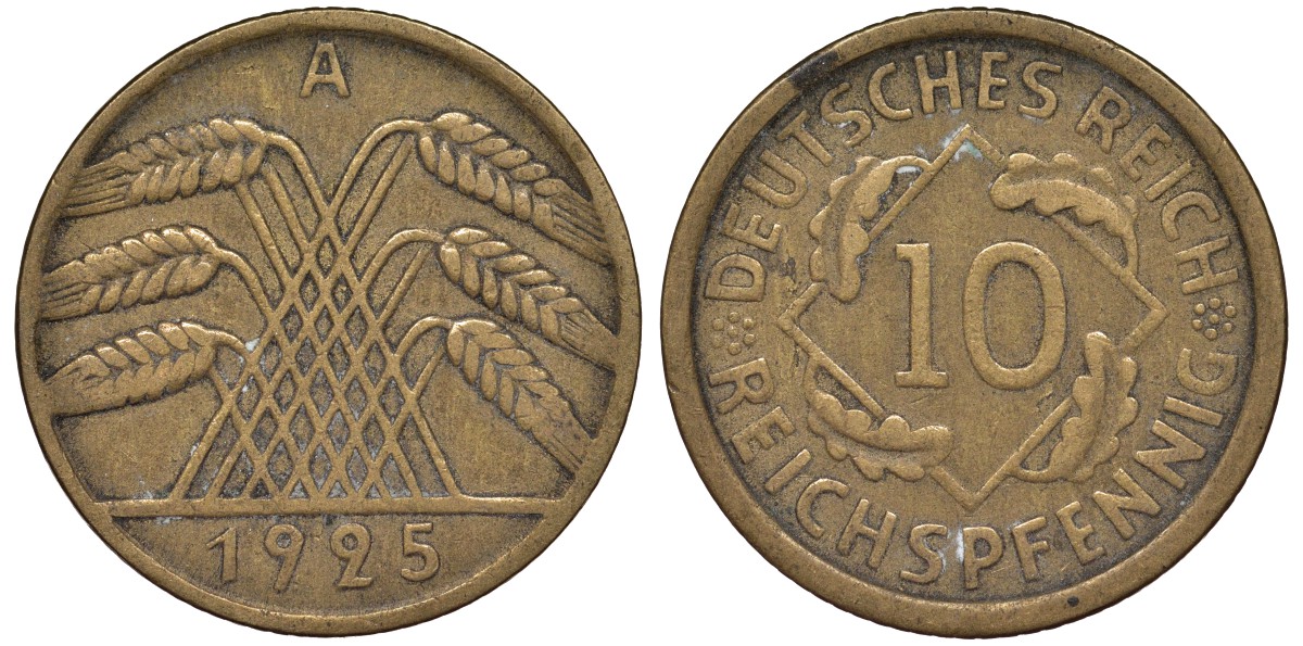 Германия 10 рейхспфеннигов 1925 A KM 40, J.317, Weege 9 алюминиевая бронза 4163-221