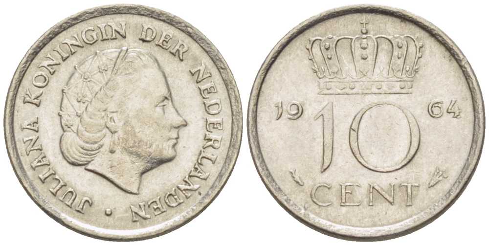 НИДЕРЛАНДЫ 10 ЦЕНТОВ 1964 ЮЛИАНА (1948-1980) KM 182 никель 214-1212
