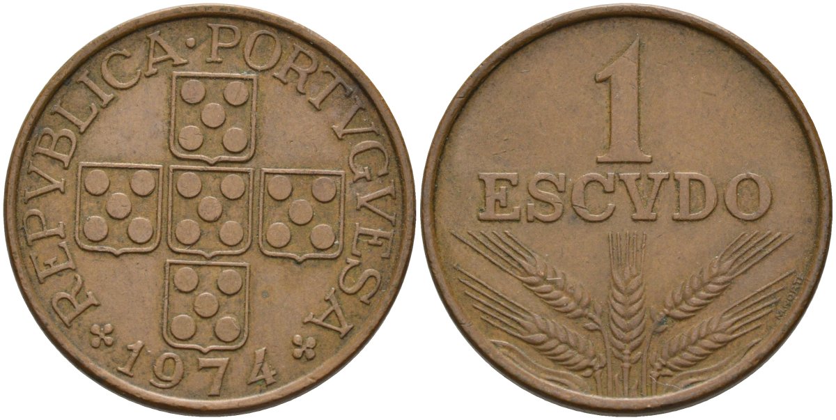 Португалия 1 эскудо 1974 KM 597 бронза 4574-343