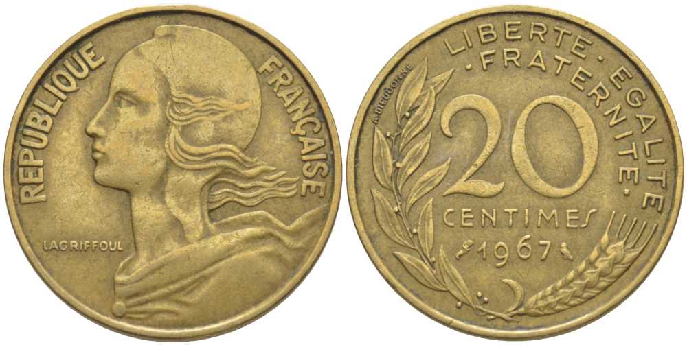 ФРАНЦИЯ 20 САНТИМОВ 1967 ТИП MARIANNE KM 930, LE FRANC 156.7 медь алюминий никель 175-827