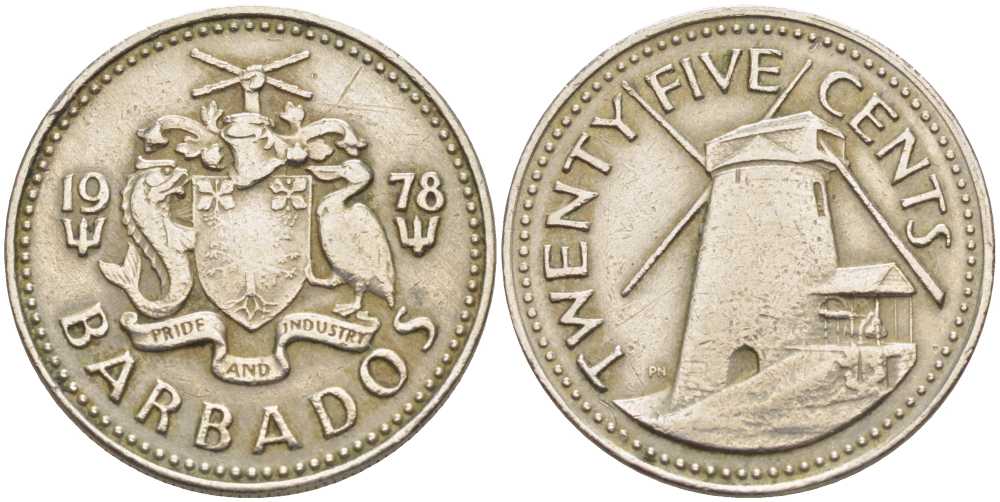 Барбадос 25 центов 1978 ветряная мельница Моргана Льюиса KM 13 медно-никель 4402-212