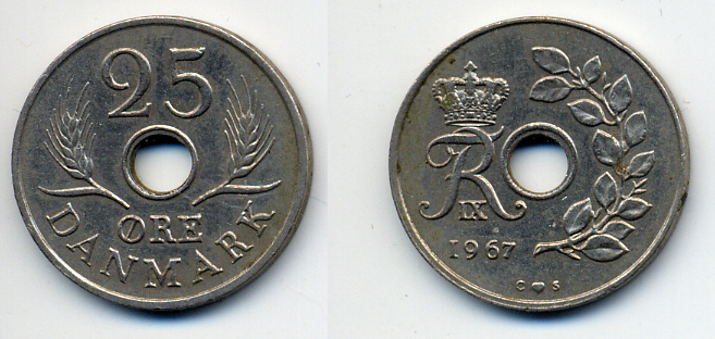 Дания 25 эре 1967 С; S, Фредерик IX (1947-1972) KM 855.1 медно-никель 4379-1413