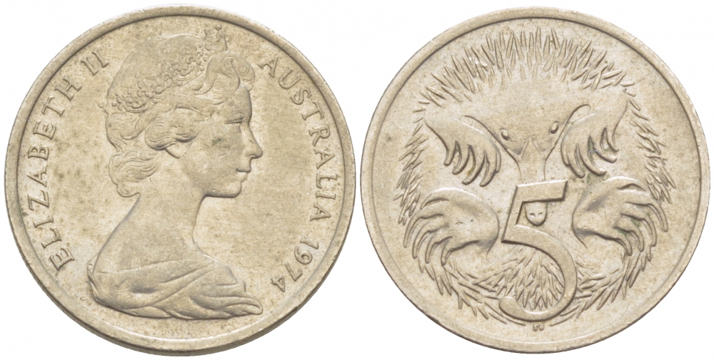 АВСТРАЛИЯ 5 ЦЕНТОВ 1974 ЕЛИЗАВЕТА II, МОЛОДОЙ ПОРТРЕТ, ЕХИДНА KM 64 медно-никель 3851-1127