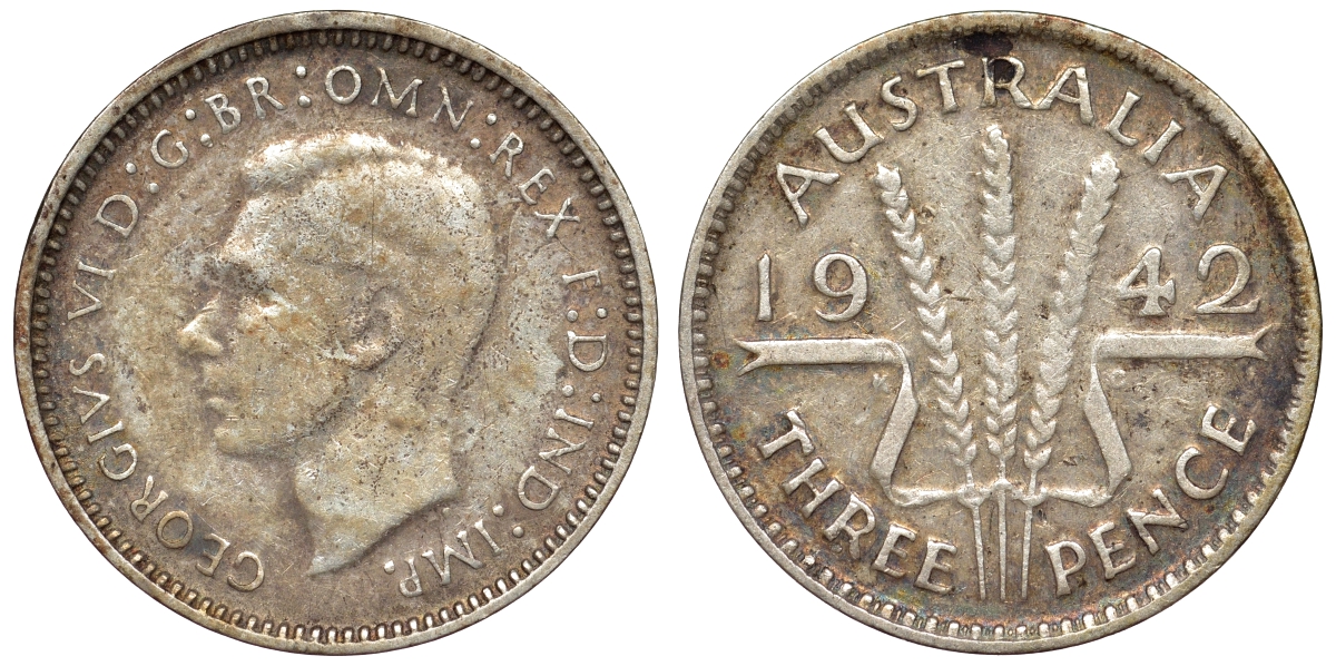 Австралия 3 пенса 1942 m, Георг VI (1937-1952), без букв, редкая KM 37 серебро 71-137