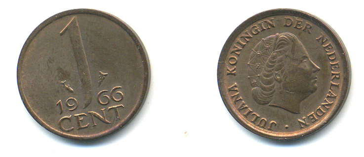 НИДЕРЛАНДЫ 1 ЦЕНТ 1966 ЮЛИАНА KM 180 бронза 83-937