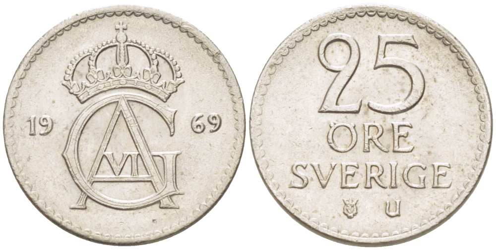 Швеция 25 эре 1969 U, Густав VI Адольф (1950-1973) KM 836 медно-никель 4516-465