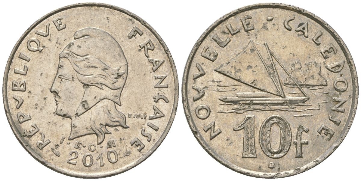 Французская Новая Каледония 10 франков 2010 рыбачья парусная лодка, (IEOM) KM 11a, Schoen 13a, Lec 99k медно-никель 63-242