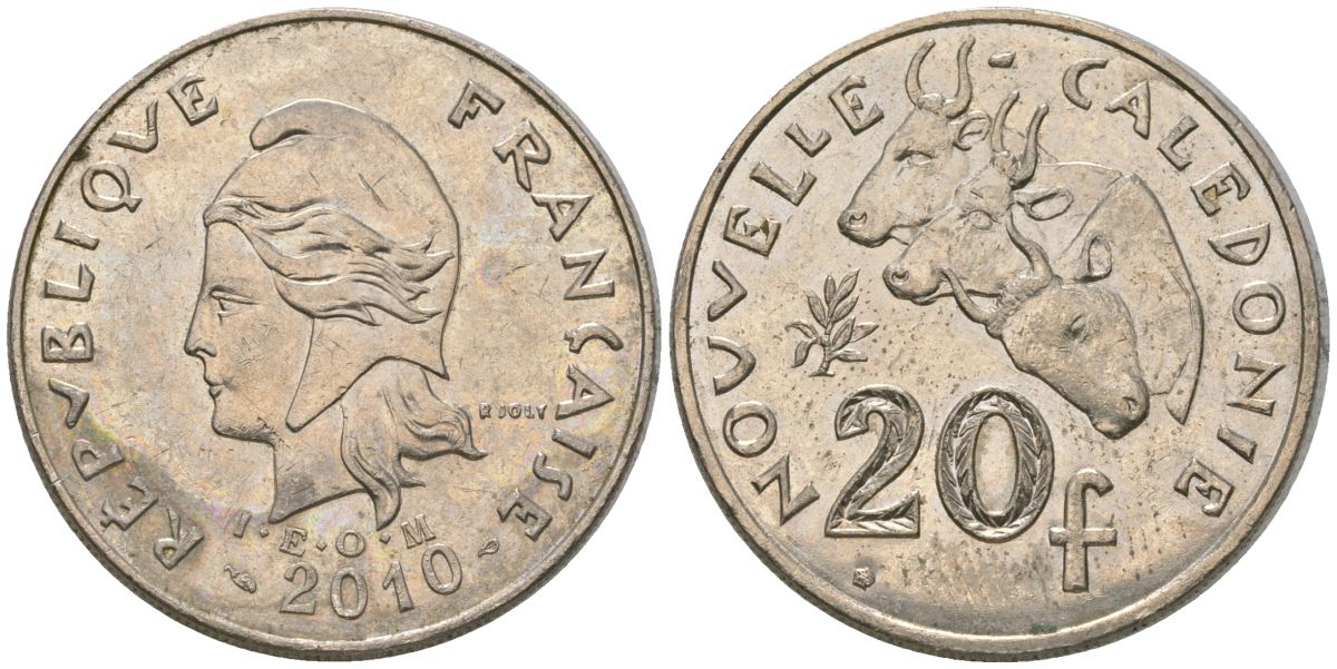 Французская Новая Каледония 20 франков 2010 три быка, (IEOM) KM 12a, Schoen 14a медно-никель 4137-415