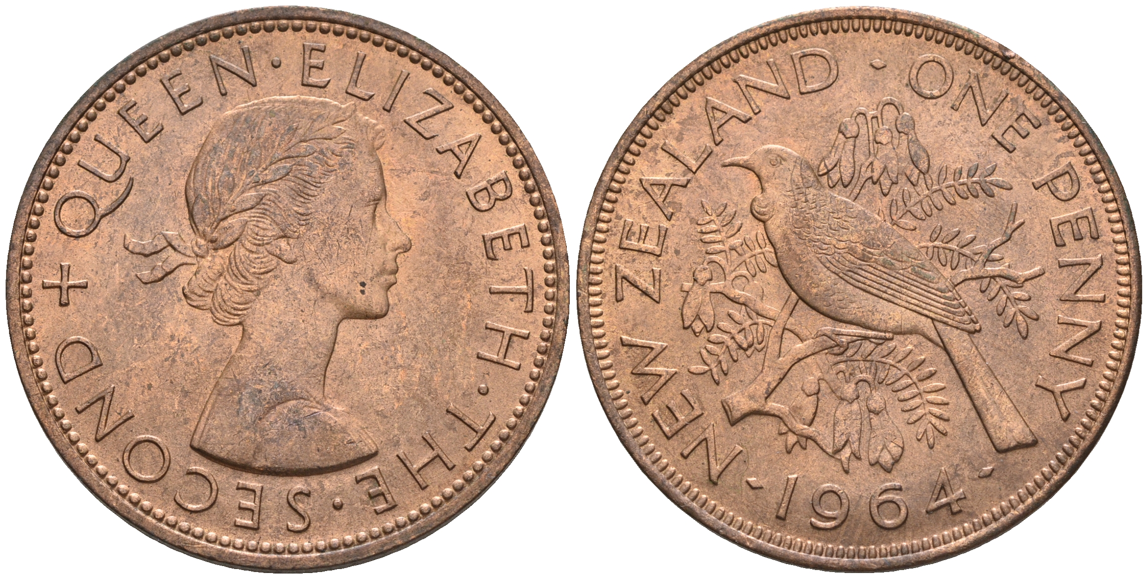 Новая Зеландия 1 пенс 1964 Елизавета II (1952-2022), новозеландский туи KM 24.2 бронза  aUNC  4367-845