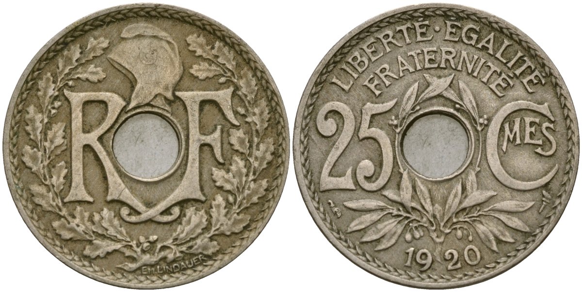Франция 25 сантимов 1920 KM 867a медно-никель 51-2931