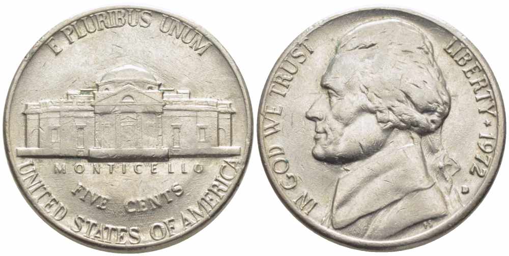 США 5 ЦЕНТОВ 1972 D, ДЖЕФФЕРСОН KM А192 медно-никель 63-434