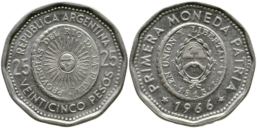 Аргентина 25 песо 1965 первая монета отчеканенная в Аргентине в 1813 году KM 61 сталь плакированная никелем 4525-1011