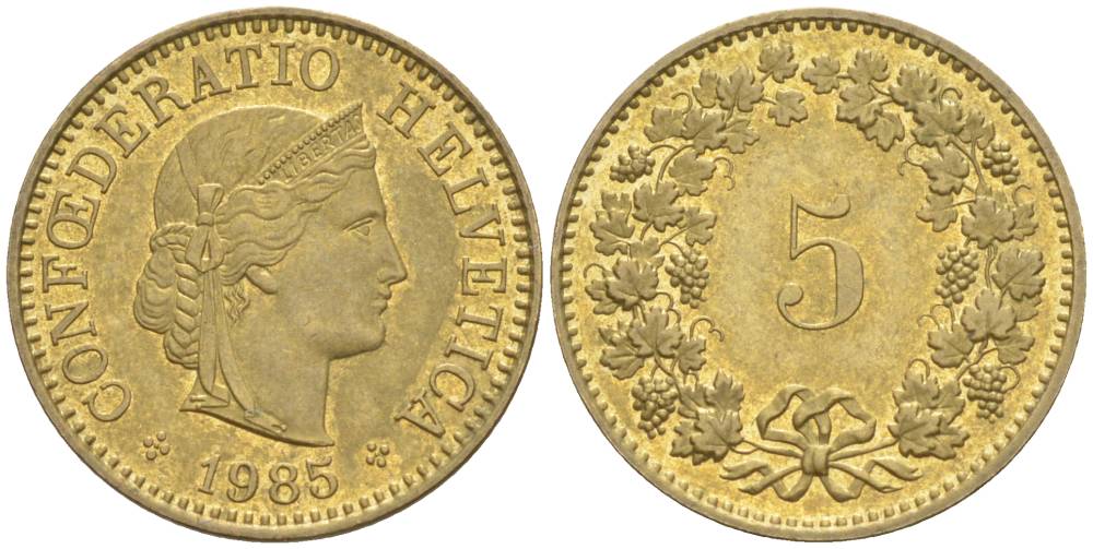 ШВЕЙЦАРИЯ 5 РАППЕНОВ 1985 KM 26с алюминий латунь 4549-354