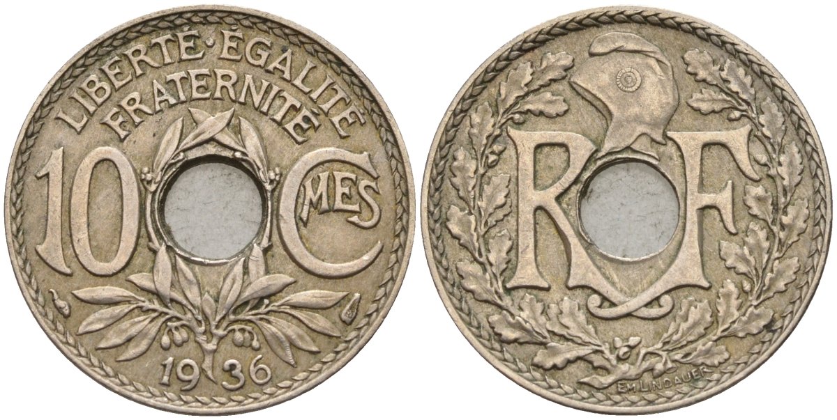 Франция 10 сантимов 1936 KM 866a, Le Franc 138.3 медно-никель 4143-1036