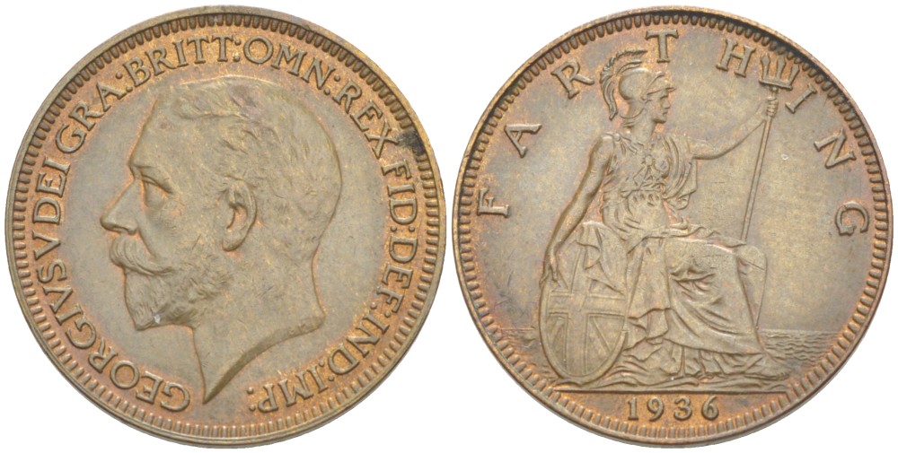 Великобритания 1 фартинг 1936 Георг V (1910-1936) KM 825, Spink 4061 бронза 4543-1052