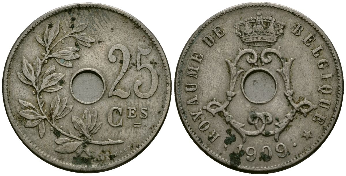 Бельгия 25 сантимов 1909 Belgique KM 62 медно-никель 4168-1212