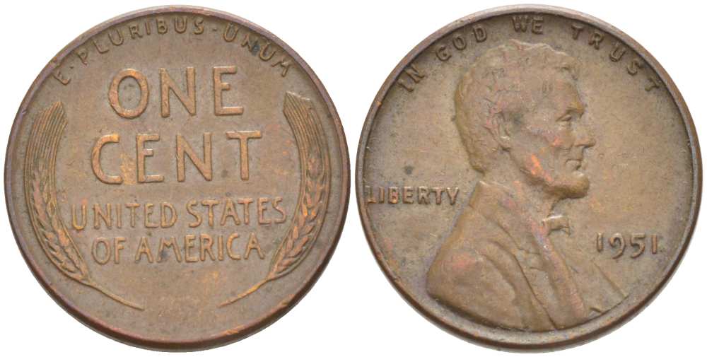 США 1 ЦЕНТ 1951 ЛИНКОЛЬН KM А132 медь цинк 218-232