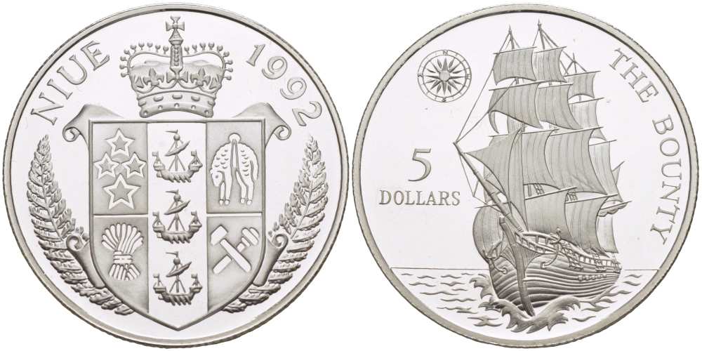 Ниуэ 5 долларов 1992 парусник Баунти, один их кораблей Джеймса Кука KM 55 серебро PROOF 1074-10-11