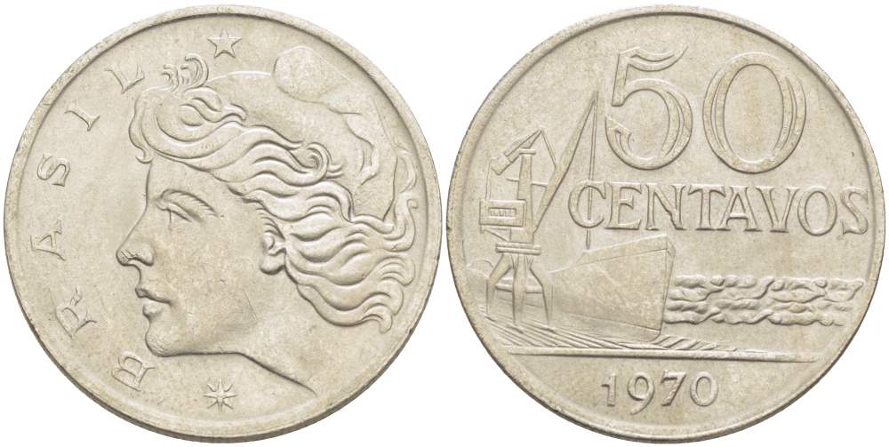 Бразилия 50 сентаво 1970 голова свободы влево KM 580а медно-никель 4529-421